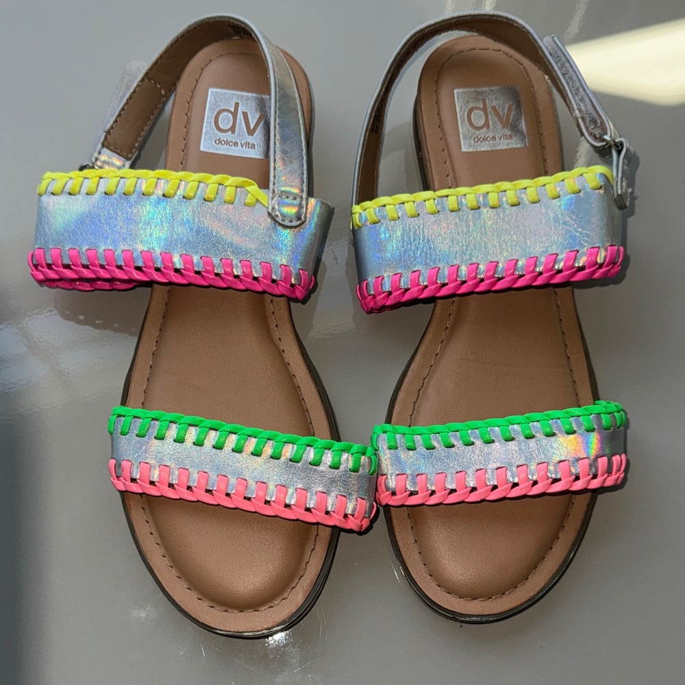 Dolce Vita Kids Iridescent Sandals with Neon Pink, Green & Yellow Trim